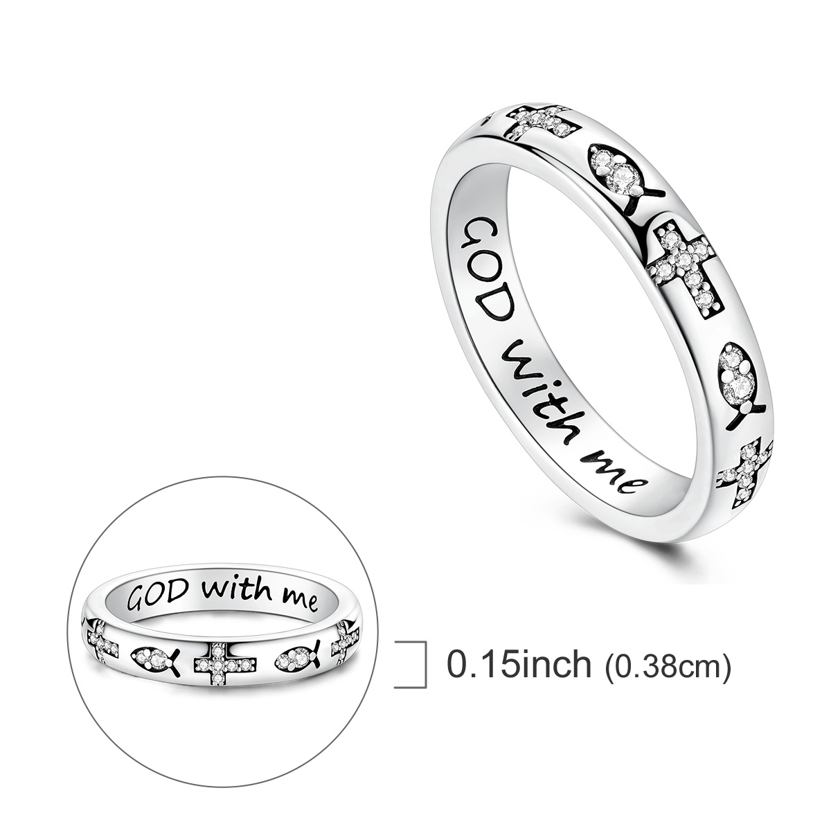 Women's Silver Plated Sparkling Zirconia Jesus Fish Pattern Cross Ring